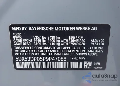 2023 BMW X3 xDrive30I z USA, uszkodzony, nr VIN 5UX53DP05P9P47088